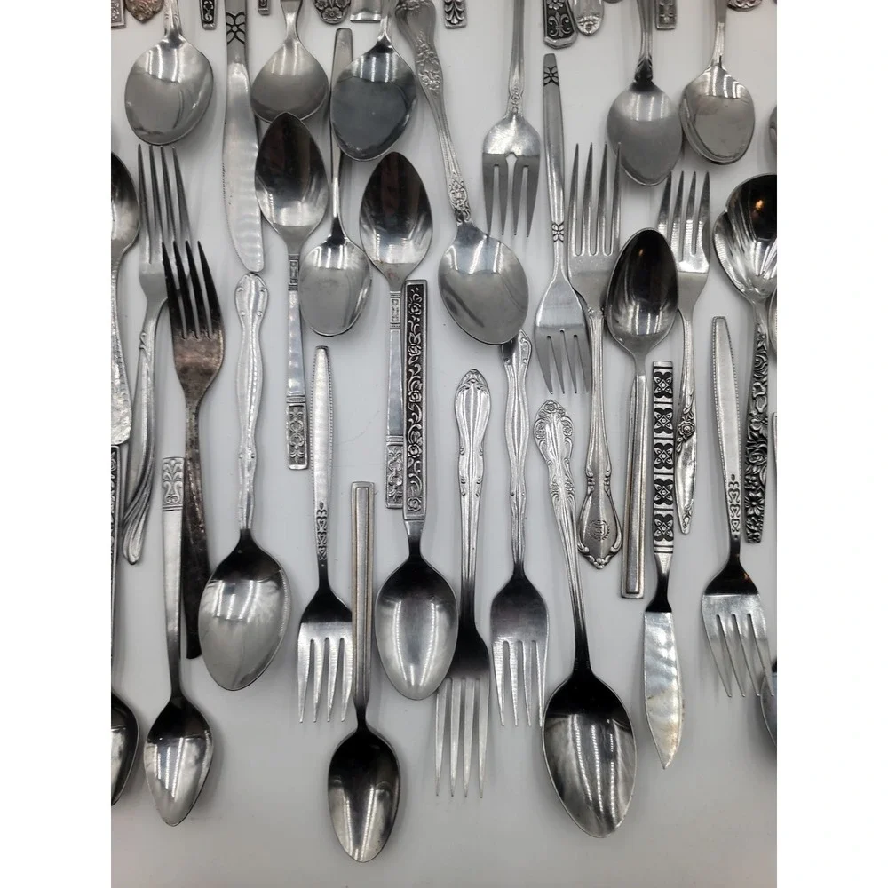 76pc Mixed Stainless Flatware Lot Floral Mismatched Bulk Silverware Crafts